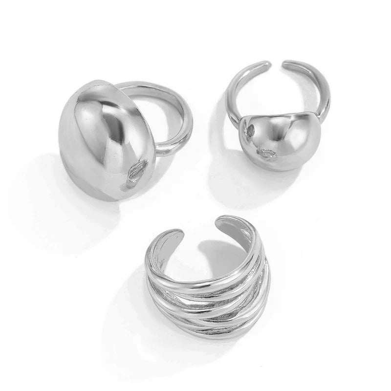 Driara 0140 Silver Plated Bold & Chunky Stackable Ring Set | Adjustable Finger Rings Combo (Set of 3)