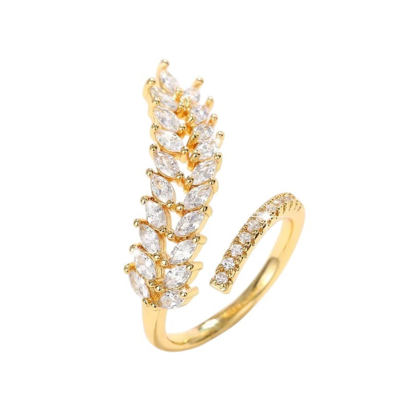 DRIARA 0180 Gold Plated Leaf Inspired CZ Stone-Studded Adjustable Finger Ring | Elegant Leaf Design Ring for Women & Girls