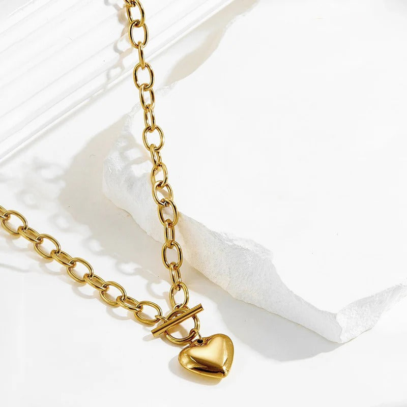 Driara 061  Golden Heart Pendant Toggle Chain Necklace for Women & Girls | Premium Chunky Link Chain | Stylish Korean Jewellery