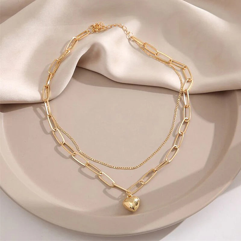 Driara 035 2 Layer Golden Heart Pendant Necklace for Women | Chain Link Layered Jewellery | Korean Fashion Style