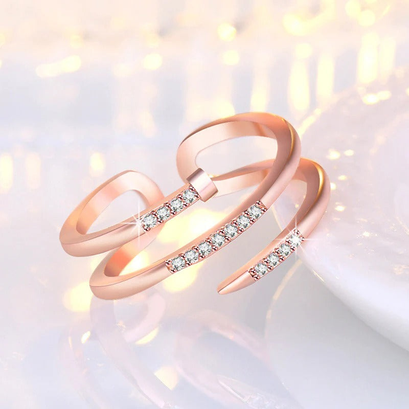 Driara 0130 Rose Gold AD Stone Finger Ring | Korean Nail Shape Adjustable Ring for Women & Girls