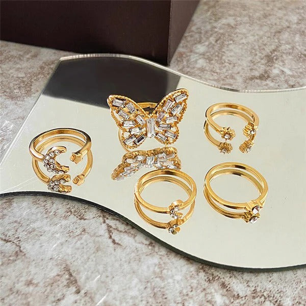 DRIARA 0197 Rose Gold Adjustable Ring Set for Women | Butterfly & Moon Design | Korean Style Finger Rings (Set of 5)
