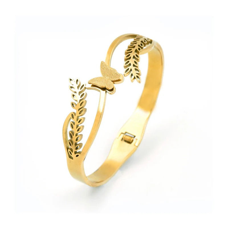 Driara 069 Golden Leaf Butterfly Adjustable Bangle Bracelet for Women & Girls | Stylish Korean Open Cuff Design | Anti-Tarnish Fashion Jewellery
