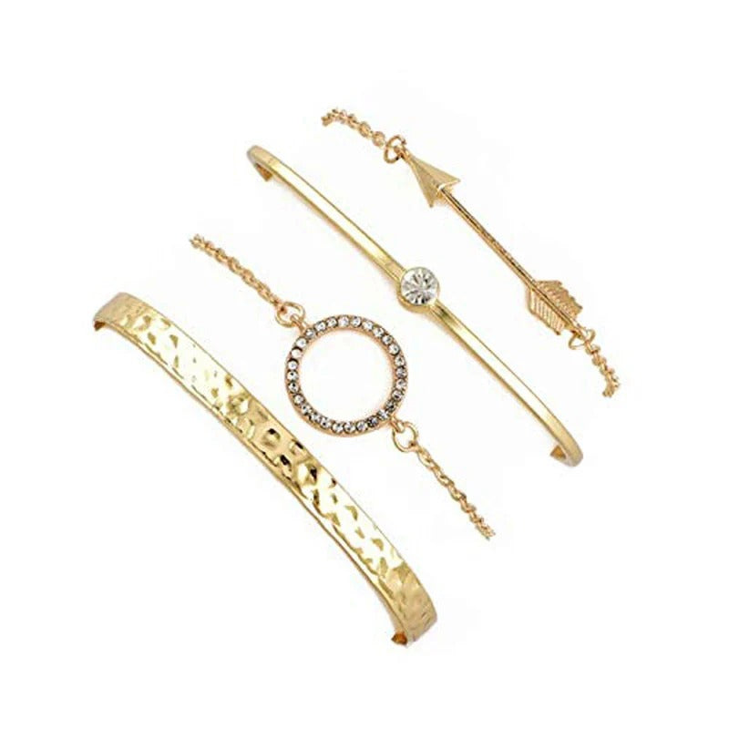 DRIARA 0109 Gold-Plated 4-Piece Stylish Bracelet Set for Women | Arrow, Circle, Crystal & Textured Design | Trendy Korean Stackable Set