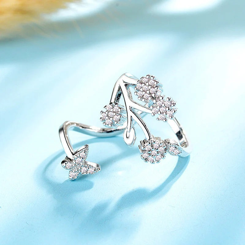 DRIARA 0165 Silver Plated Korean Floral American Diamond Adjustable Ring | Designer CZ Blossom Style Finger Ring for Women & Girls