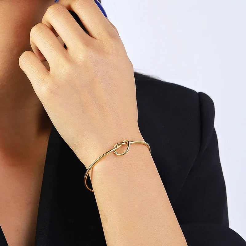 Driara 055 Golden Knot Open Bangle Bracelet for Women & Girls | Elegant Minimalist Adjustable Bracelet | Korean Style Daily & Party Wear Jewellery