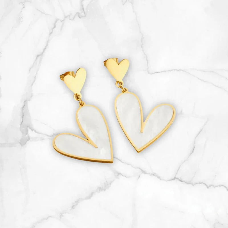 Driara 045 Korean Heart Drop Earrings for Women & Girls | Golden & White Mother-of-Pearl Finish | Trendy Statement Fashion Jewellery