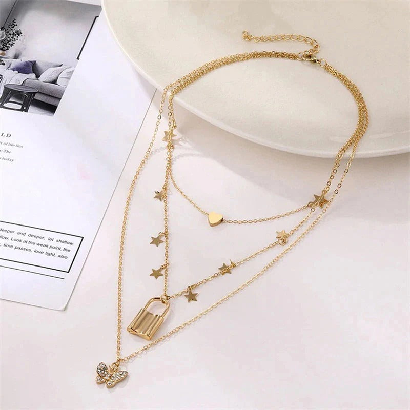 Driara 031  3 Layer Heart, Lock & Butterfly Korean Style Necklace for Women | Trendy Multi-Chain Jewellery