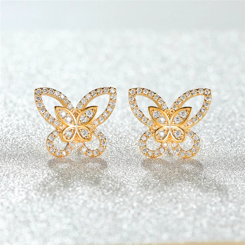 Driara 080 Rose Gold Butterfly Crystal Stud Earrings for Women & Girls | Sparkling AD Stone Butterfly Earrings | Trendy Daily & Party Wear Jewellery