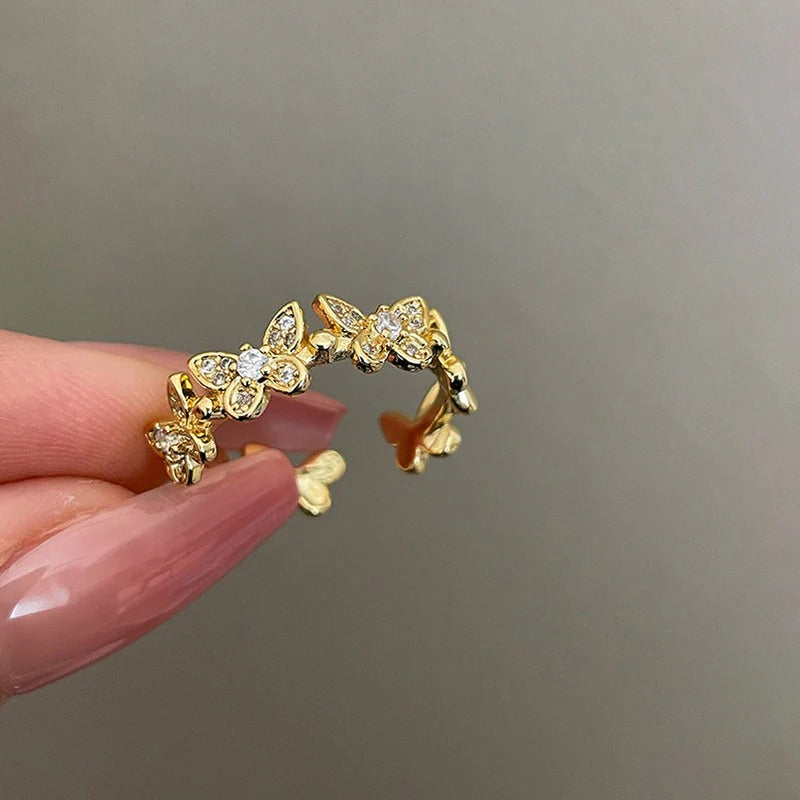 DRIARA 099 Gold-Plated Floral AD Stone Adjustable Ring for Women | Korean Elegant Design | Daily & Party Wear Jewellery