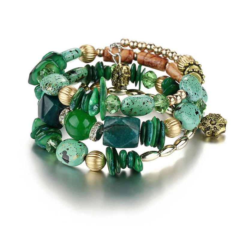 DRIARA 0191  Green Stone Multi-Layer Beaded Bracelet Set for Women | Boho Style | Adjustable Fashion Bracelet