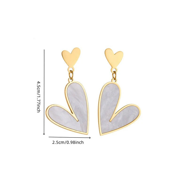 Driara 045 Korean Heart Drop Earrings for Women & Girls | Golden & White Mother-of-Pearl Finish | Trendy Statement Fashion Jewellery