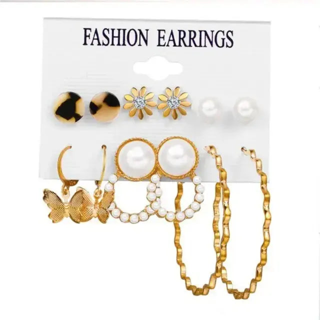 Driara 0123  6-Pair Pearl, Bow & Gold Hoop Earring Combo | Trendy Studs & Hoops Set for Women & Girls