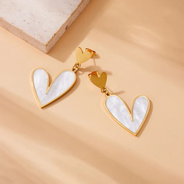 Driara 045 Korean Heart Drop Earrings for Women & Girls | Golden & White Mother-of-Pearl Finish | Trendy Statement Fashion Jewellery