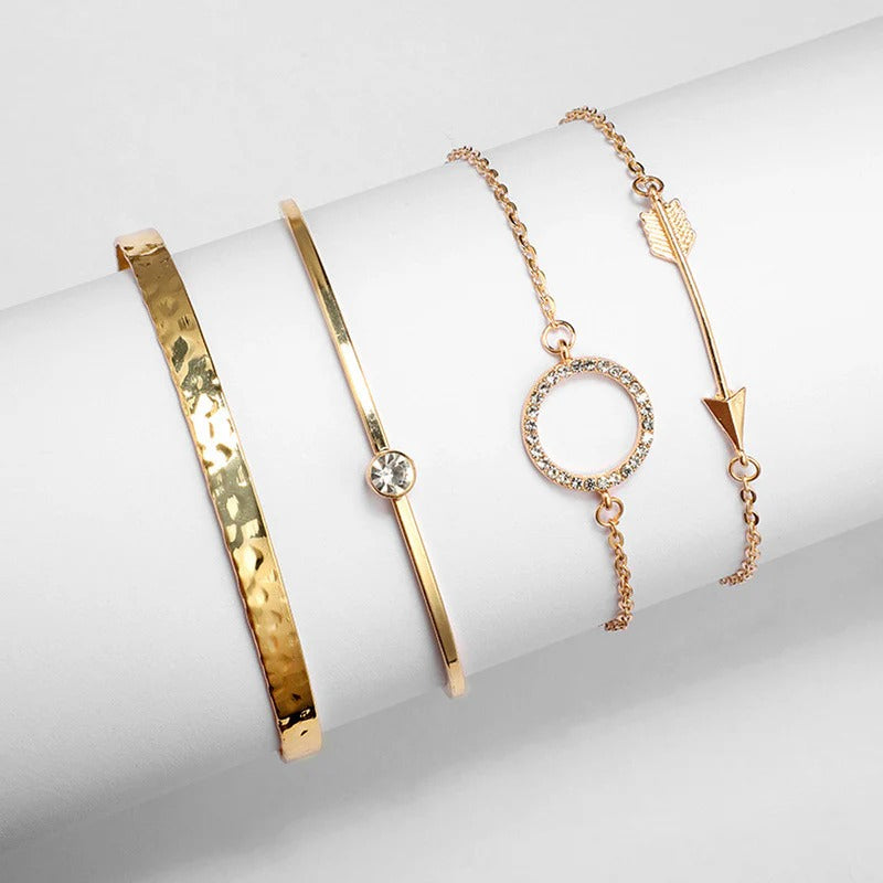 DRIARA 0109 Gold-Plated 4-Piece Stylish Bracelet Set for Women | Arrow, Circle, Crystal & Textured Design | Trendy Korean Stackable Set