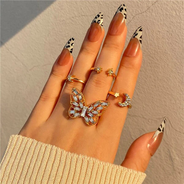 DRIARA 0197 Rose Gold Adjustable Ring Set for Women | Butterfly & Moon Design | Korean Style Finger Rings (Set of 5)