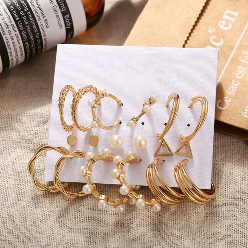 Driara 0127  9-Pair Gold & Pearl Hoop Earring Combo | Premium Studs & Hoops Set for Women & Girls
