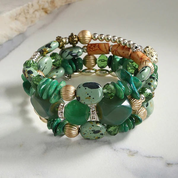 DRIARA 0191  Green Stone Multi-Layer Beaded Bracelet Set for Women | Boho Style | Adjustable Fashion Bracelet