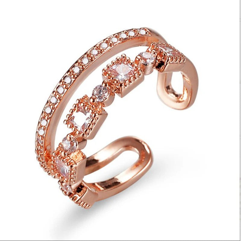 DRIARA 0169 Rose Gold Plated Square CZ Checkered Adjustable Ring | Premium American Diamond Finger Ring for Women & Girls