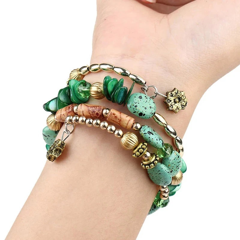 DRIARA 0191  Green Stone Multi-Layer Beaded Bracelet Set for Women | Boho Style | Adjustable Fashion Bracelet