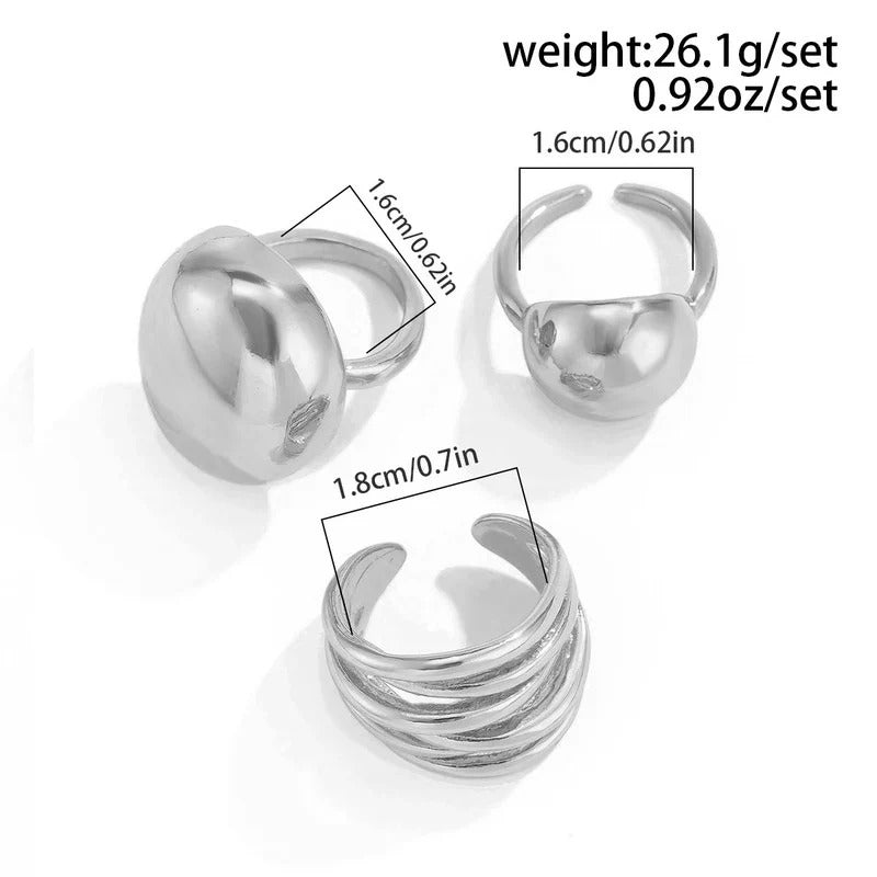 Driara 0140 Silver Plated Bold & Chunky Stackable Ring Set | Adjustable Finger Rings Combo (Set of 3)