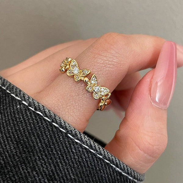 DRIARA 099 Gold-Plated Floral AD Stone Adjustable Ring for Women | Korean Elegant Design | Daily & Party Wear Jewellery