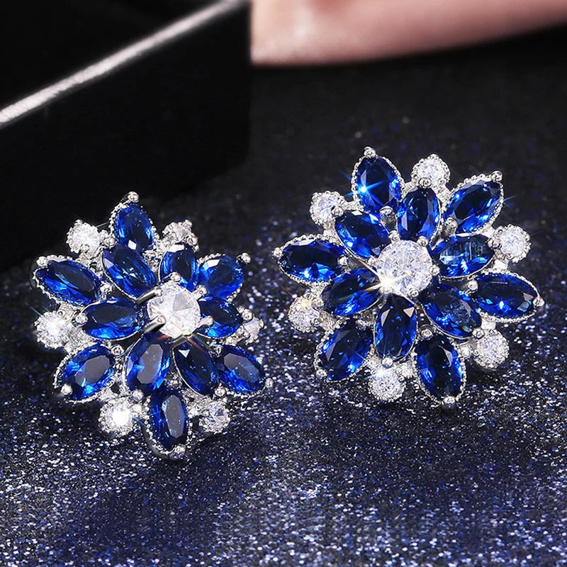 Driara 076 Blue Crystal Flower Stud Earrings for Women & Girls | Premium American Diamond Party Wear Studs | Elegant Royal Blue Jewellery