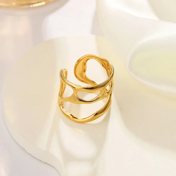 DRIARA 0102 Korean Gold-Plated Open Wave Adjustable Ring for Women | Stylish Minimal Daily Wear Ring