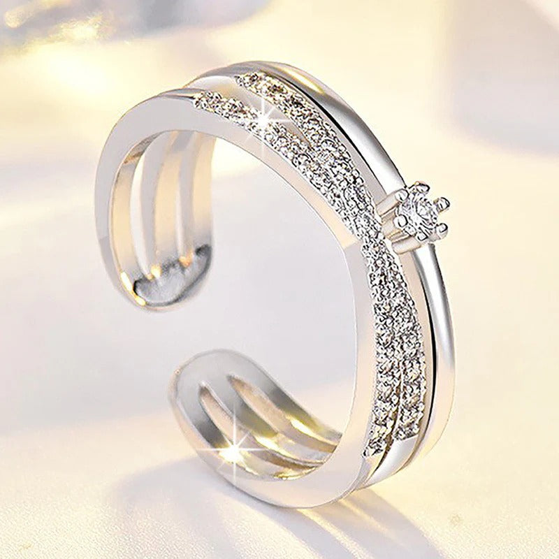 DRIARA 0166 Silver Plated Korean Dual-Line American Diamond Adjustable Ring | Trendy CZ Open Band Finger Ring for Women & Girls