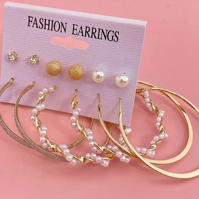 Driara 0118 6-Pair Pearl & Gold Hoop Earring Combo | Premium Studs & Big Hoops Set for Women & Girls
