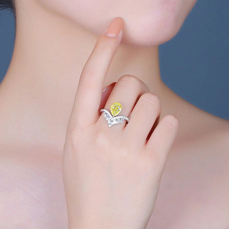 Driara 0147 Silver Plated Yellow Teardrop Solitaire Ring | Premium Ice-Cut CZ American Diamond Finger Ring for Women & Girls