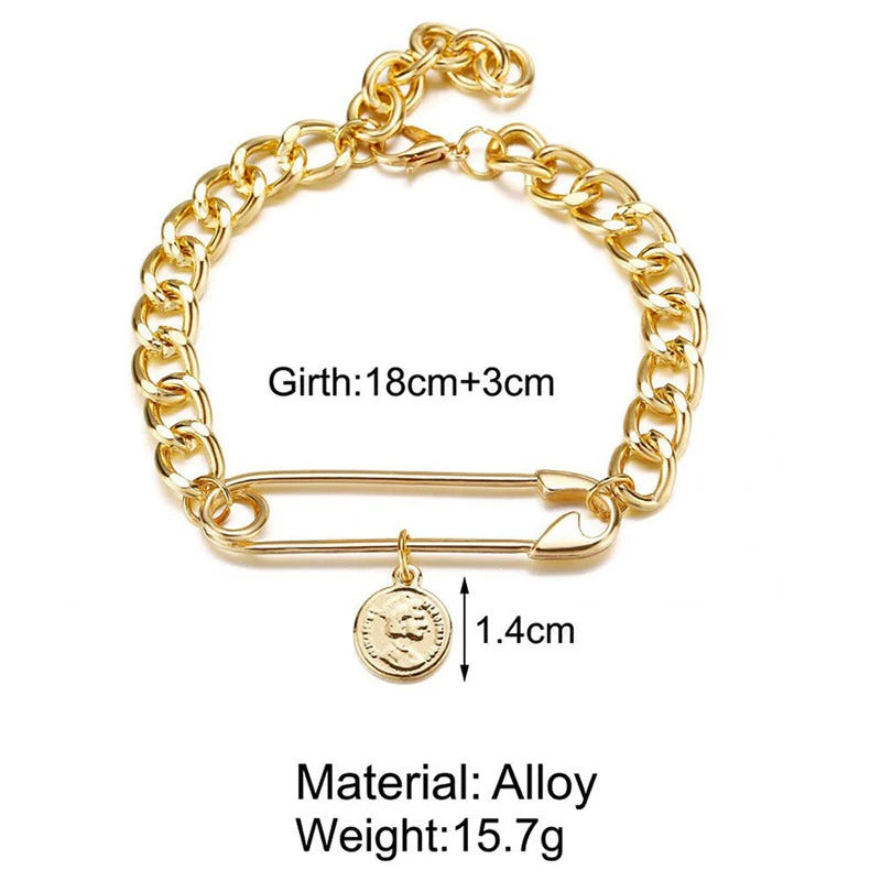 Driara 026 Gold Plated Chunky Chain Bracelet with Safety Pin Charm for Women & Girls – Trendy Korean Style Fashion Bracelet