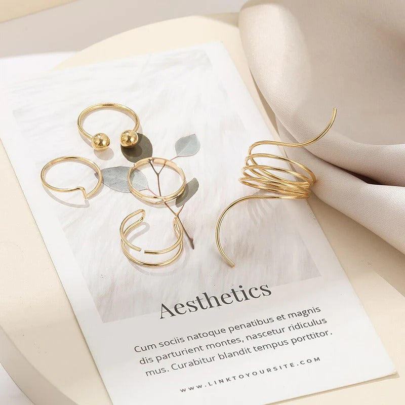 DRIARA 0113Gold-Plated Minimalistic Ring Set for Women (Set of 5) | Adjustable Korean Style Rings