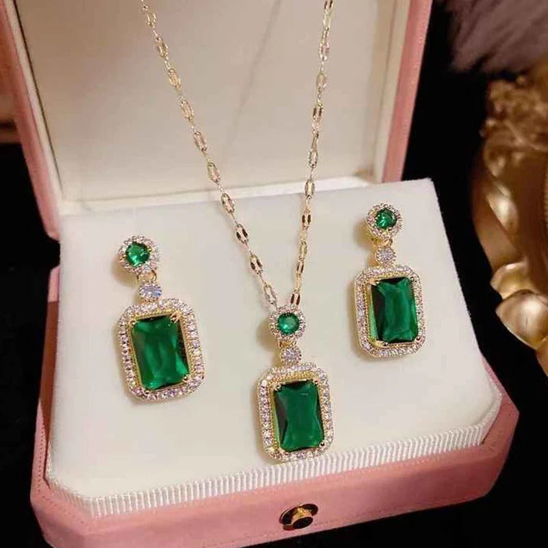 Driara 015 Gold Plated Green Crystal Pendant & Earrings Set for Women & Girls – Premium Party Wear Jewellery Set
