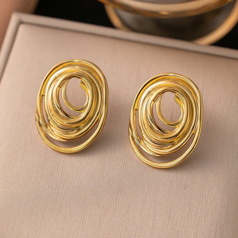 Driara 048 Golden Spiral Round Statement Earrings for Women & Girls | Trendy Korean Big Studs