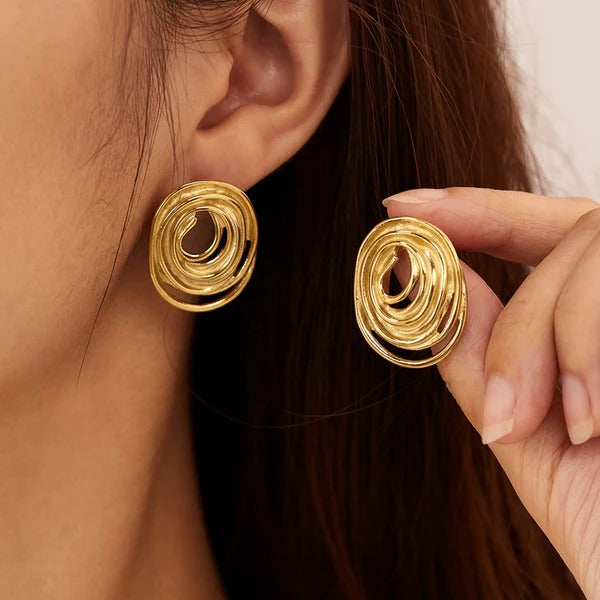 Driara 048 Golden Spiral Round Statement Earrings for Women & Girls | Trendy Korean Big Studs