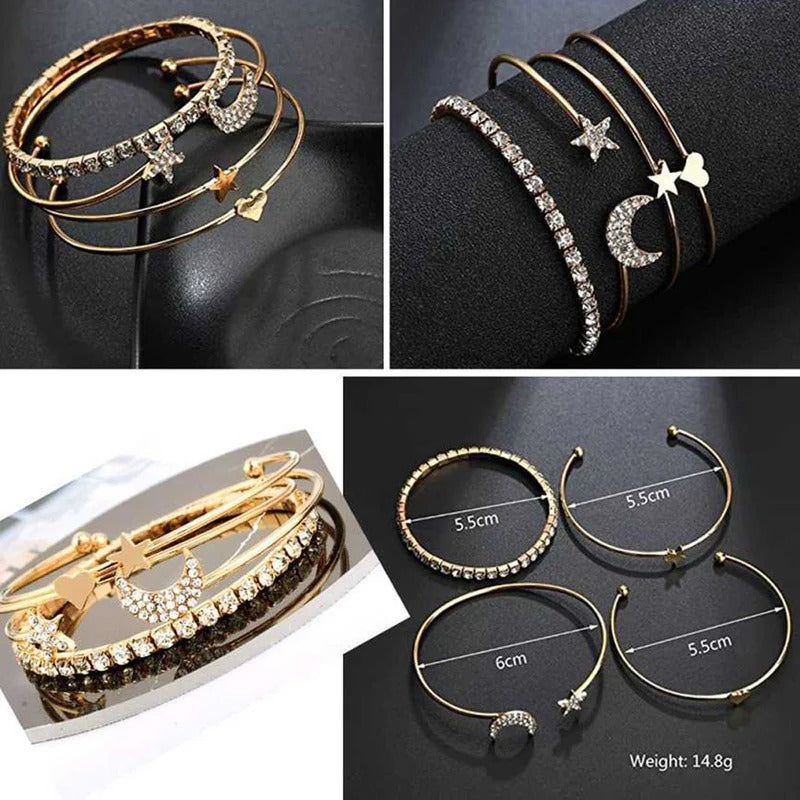 Driara 039  4 Piece Golden Bracelet Combo Set for Women & Girls | Moon, Star & Crystal Bangles | Trendy Fashion Jewellery
