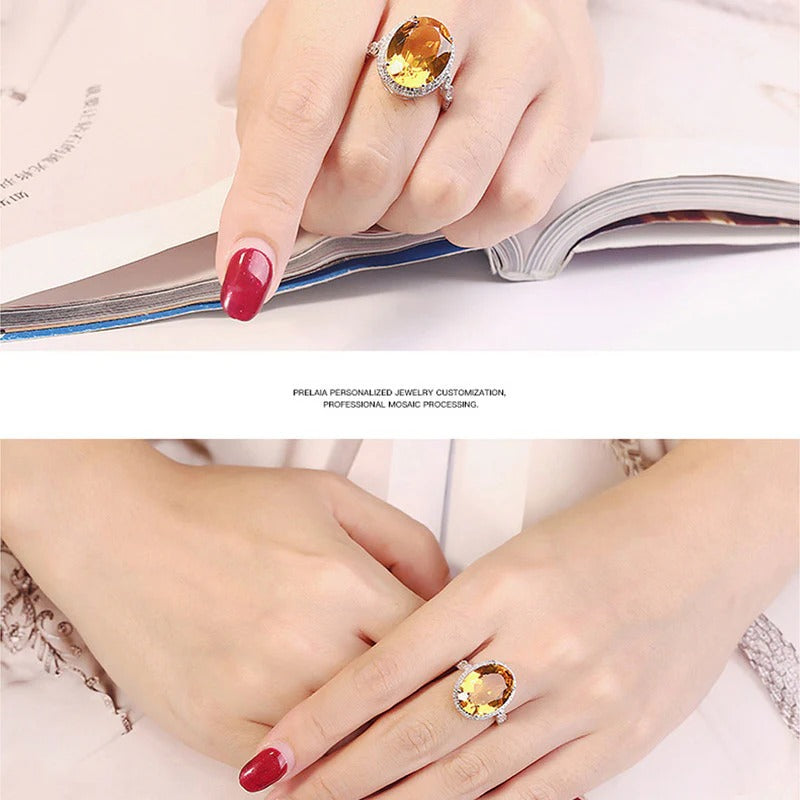 DRIARA 0149 Silver Plated Yellow Oval Stone Cocktail Ring | Crushed Ice Cut American Diamond Finger Ring for Women