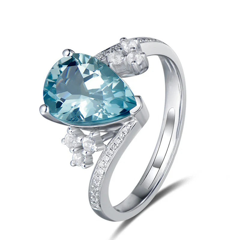 DRIARA 0152  Silver Plated Blue Crushed Ice Cut Teardrop Stone Ring | Premium American Diamond Finger Ring for Women