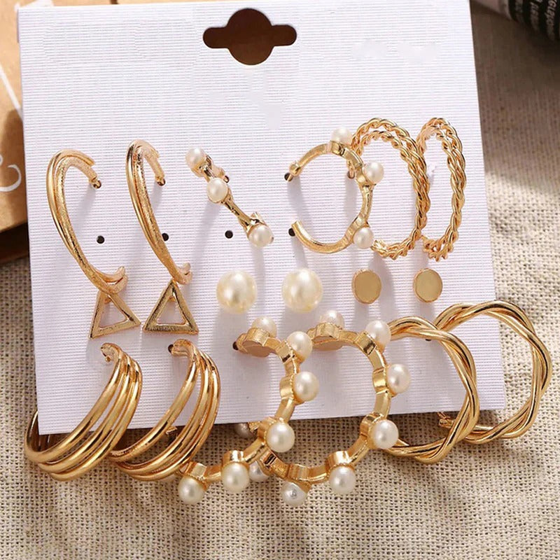 Driara 0127  9-Pair Gold & Pearl Hoop Earring Combo | Premium Studs & Hoops Set for Women & Girls
