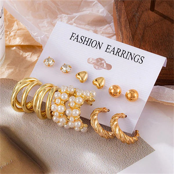 Driara 0117 6-Pair Gold & Pearl Earring Combo | Premium Studs & Hoops Set for Women & Girls