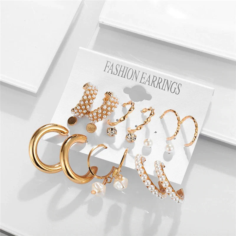 Driara 0119  9-Pair AD, Pearl & Gold Hoop Earring Combo | Premium Studs, Hoops & Party Wear Set for Women & Girls