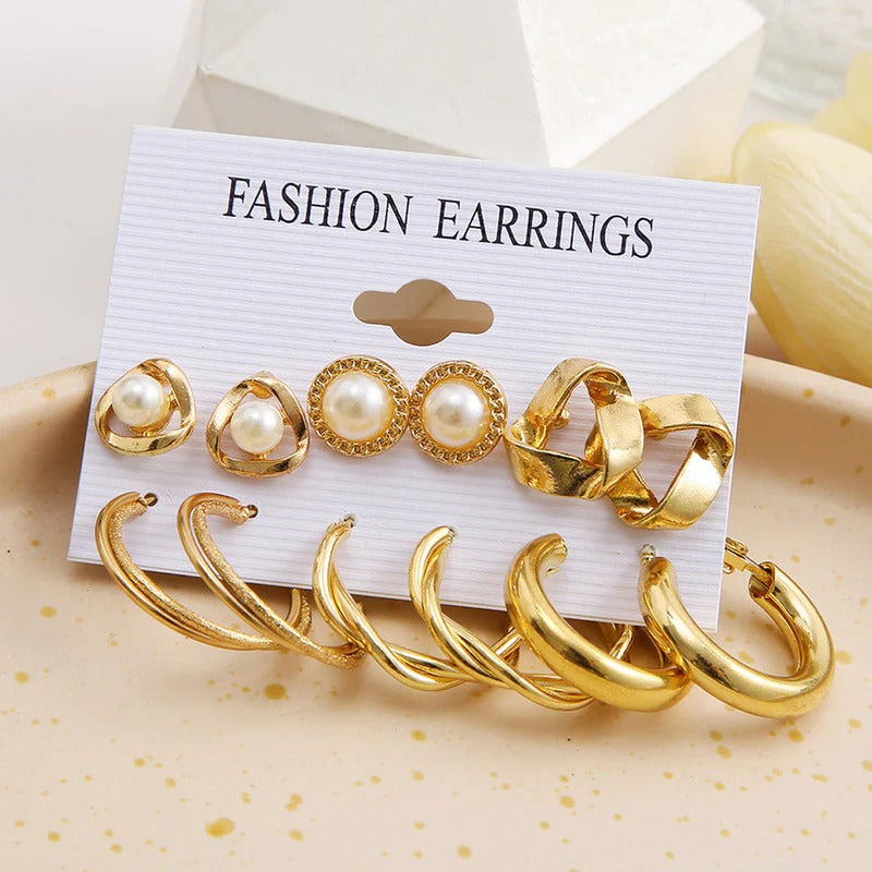 Driara 0124  6-Pair Gold, Pearl & Hoop Earring Combo | Premium Studs & Big Hoops Set for Women & Girls