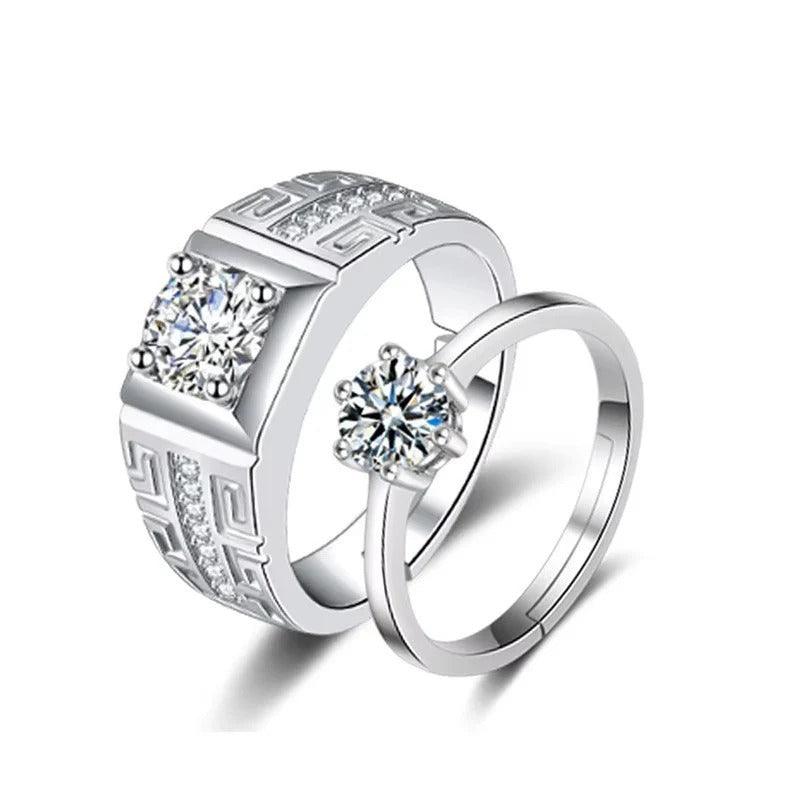 DRIARA 0156 Silver Plated American Diamond Adjustable Couple Rings | Classic Square Band CZ Rings for Him & Her