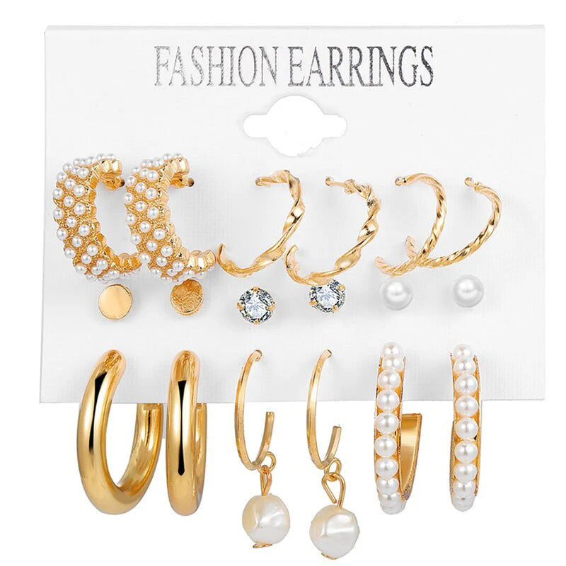 Driara 0119  9-Pair AD, Pearl & Gold Hoop Earring Combo | Premium Studs, Hoops & Party Wear Set for Women & Girls