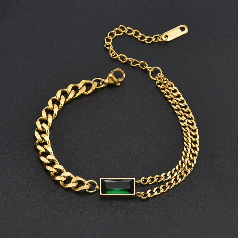 DRIARA 0112  Gold-Plated Green Stone Chain Bracelet for Women | Elegant Adjustable Link Bracelet