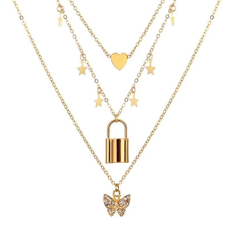 Driara 031  3 Layer Heart, Lock & Butterfly Korean Style Necklace for Women | Trendy Multi-Chain Jewellery