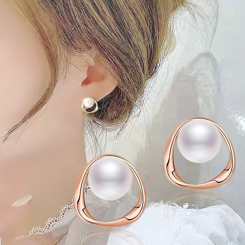 DRIARA 91 Rose Gold-Plated Triangle Pearl Stud Earrings | Minimal Korean Style | Lightweight & Anti-Tarnish