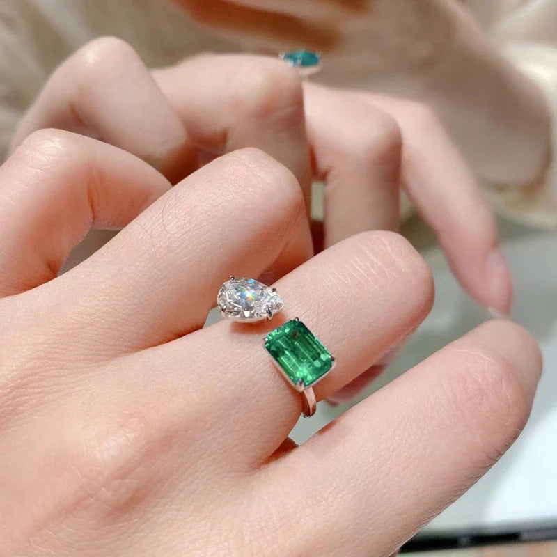 DRIARA 0151  Silver Plated Green Crushed Ice Cut Rectangle Stone Ring | Premium Adjustable American Diamond Finger Ring for Women