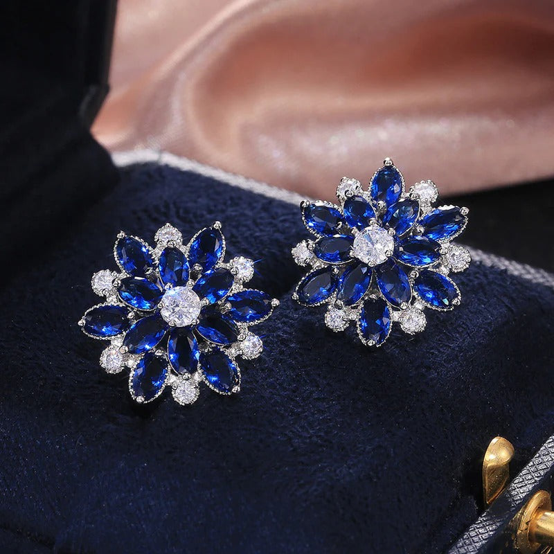 Driara 076 Blue Crystal Flower Stud Earrings for Women & Girls | Premium American Diamond Party Wear Studs | Elegant Royal Blue Jewellery